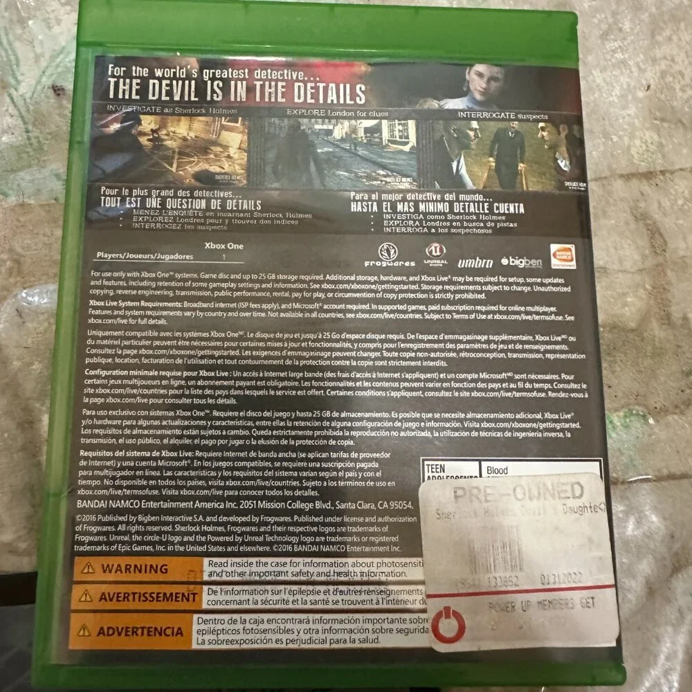 Sherlock Holmes The Devil's Daughter Microsoft Xbox One No Manual